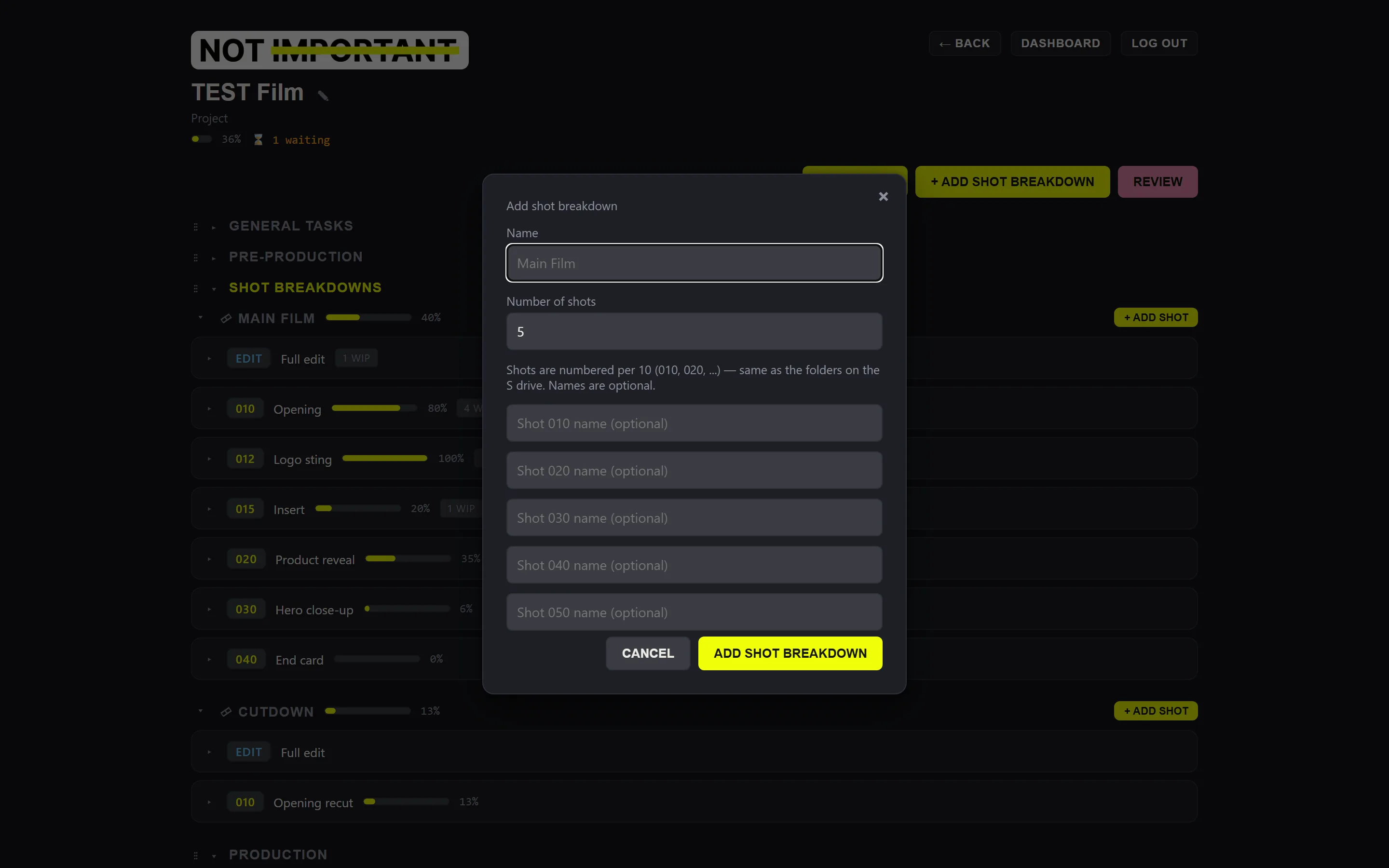 The Add shot breakdown popup with a name field, number of shots and optional shot names