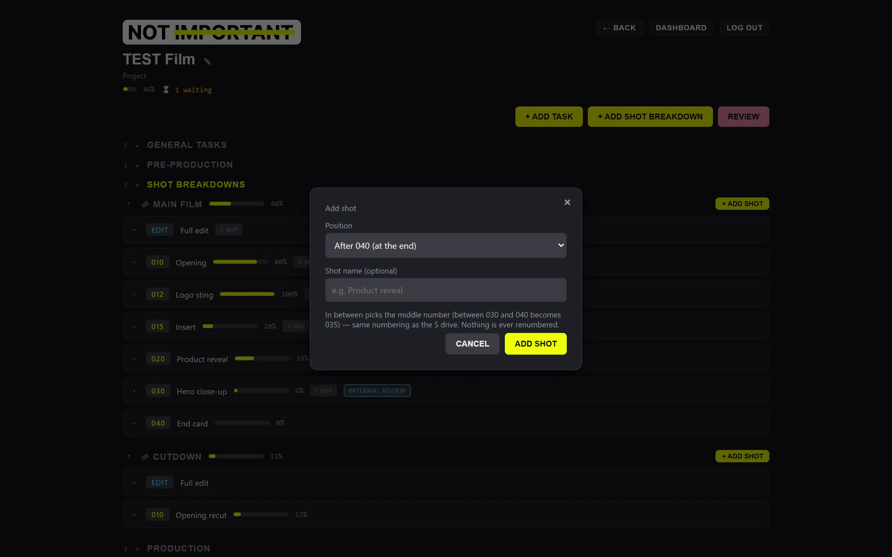 The Add shot popup with a position dropdown and an optional shot name