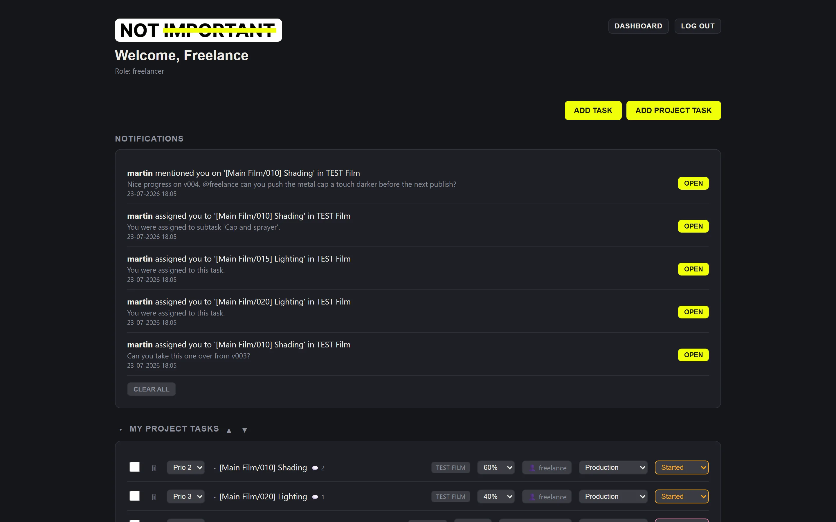 The dashboard with notifications and the My project tasks list