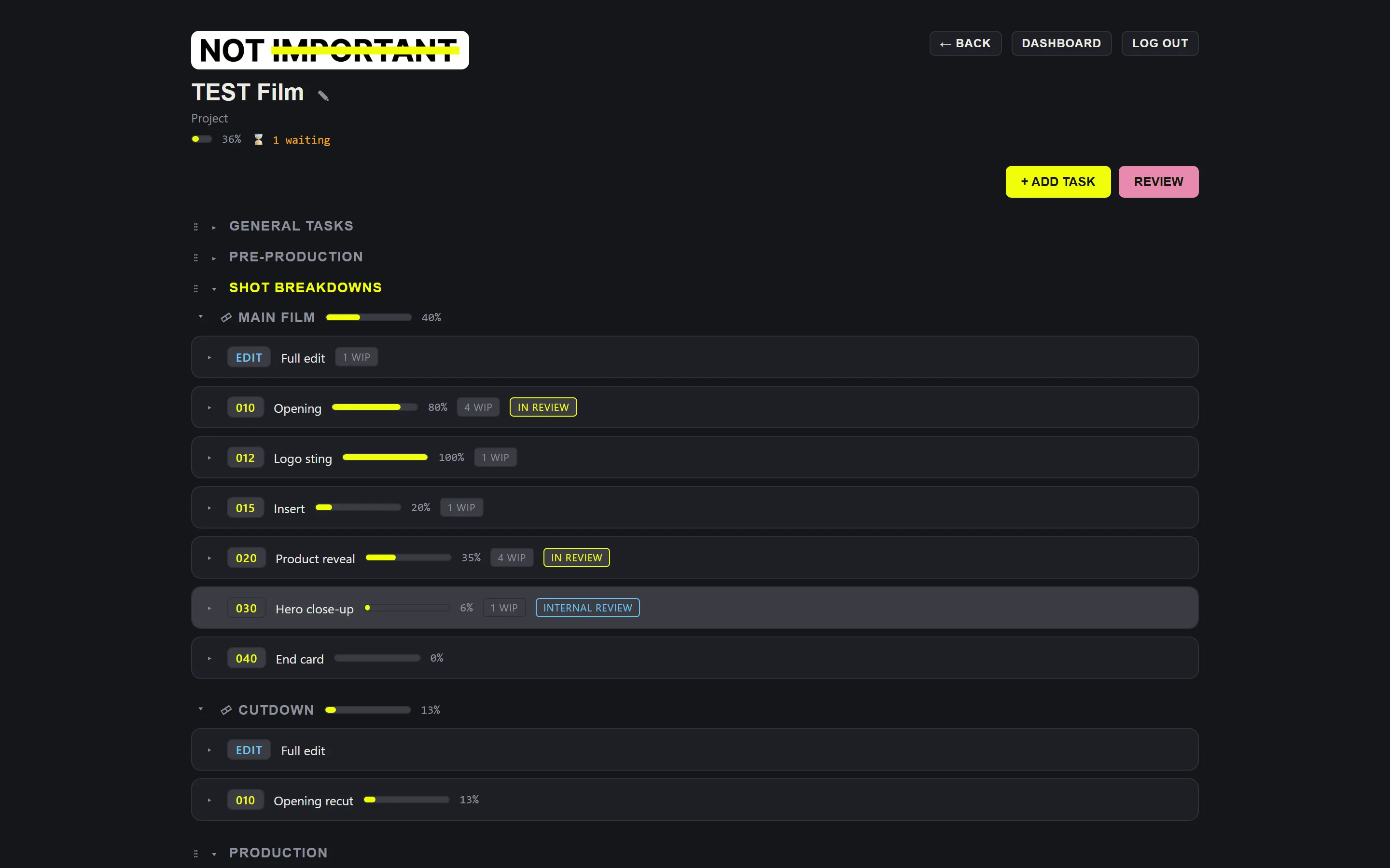 A project page with the Shot breakdowns block expanded