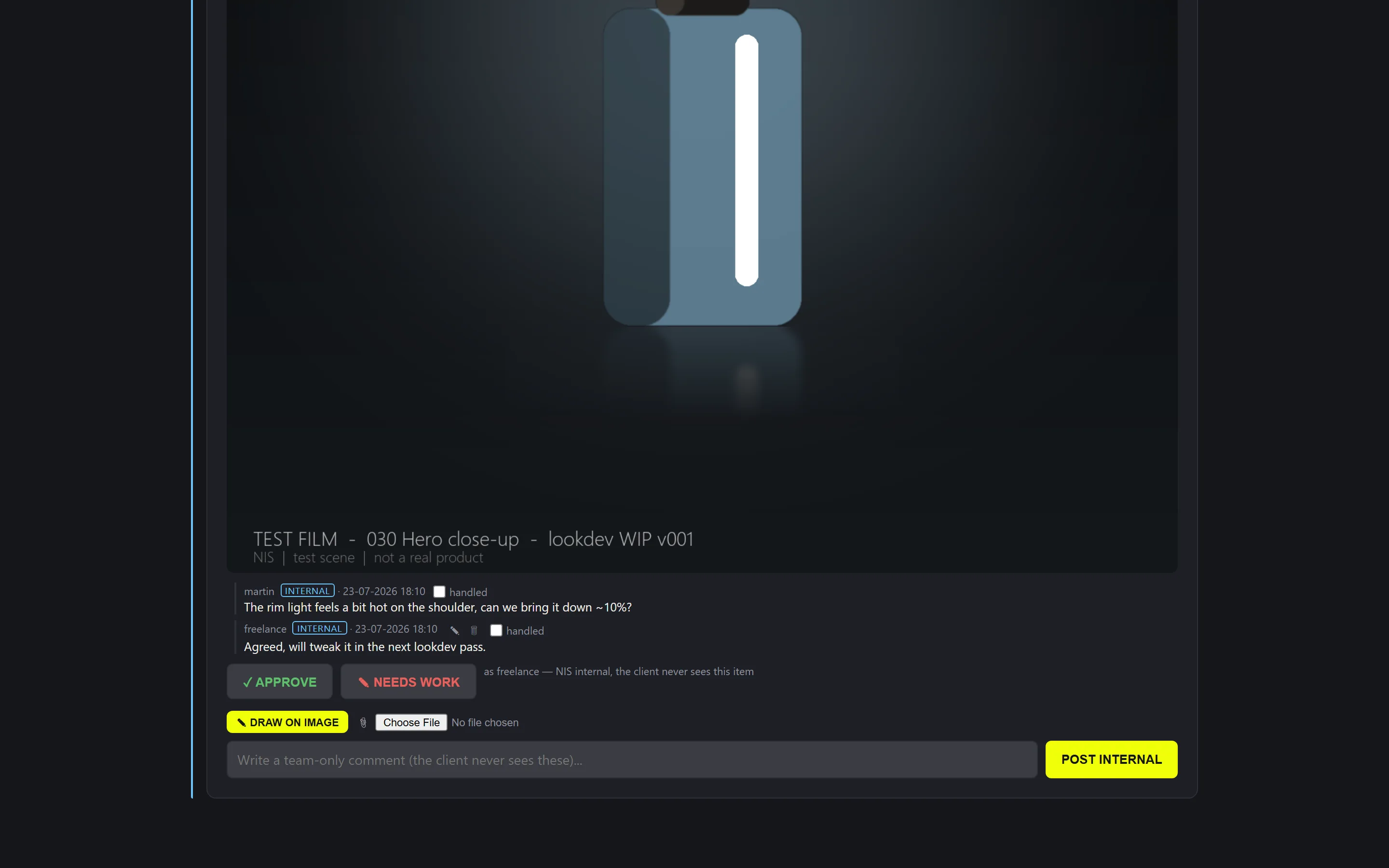 Internal comments under a review item with timestamps, a drawing button and an attachment option