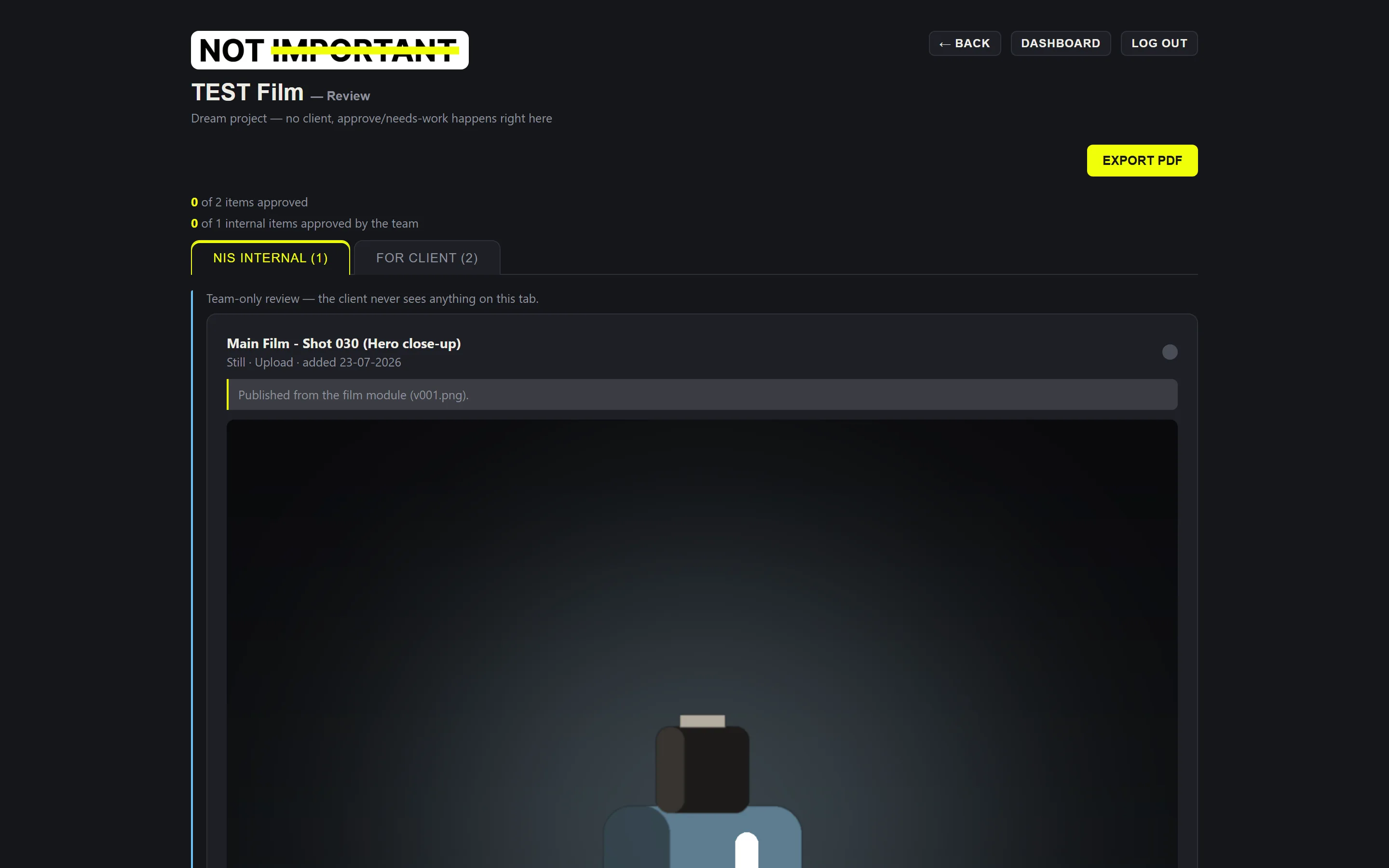 The review page with the NIS internal and For client tabs