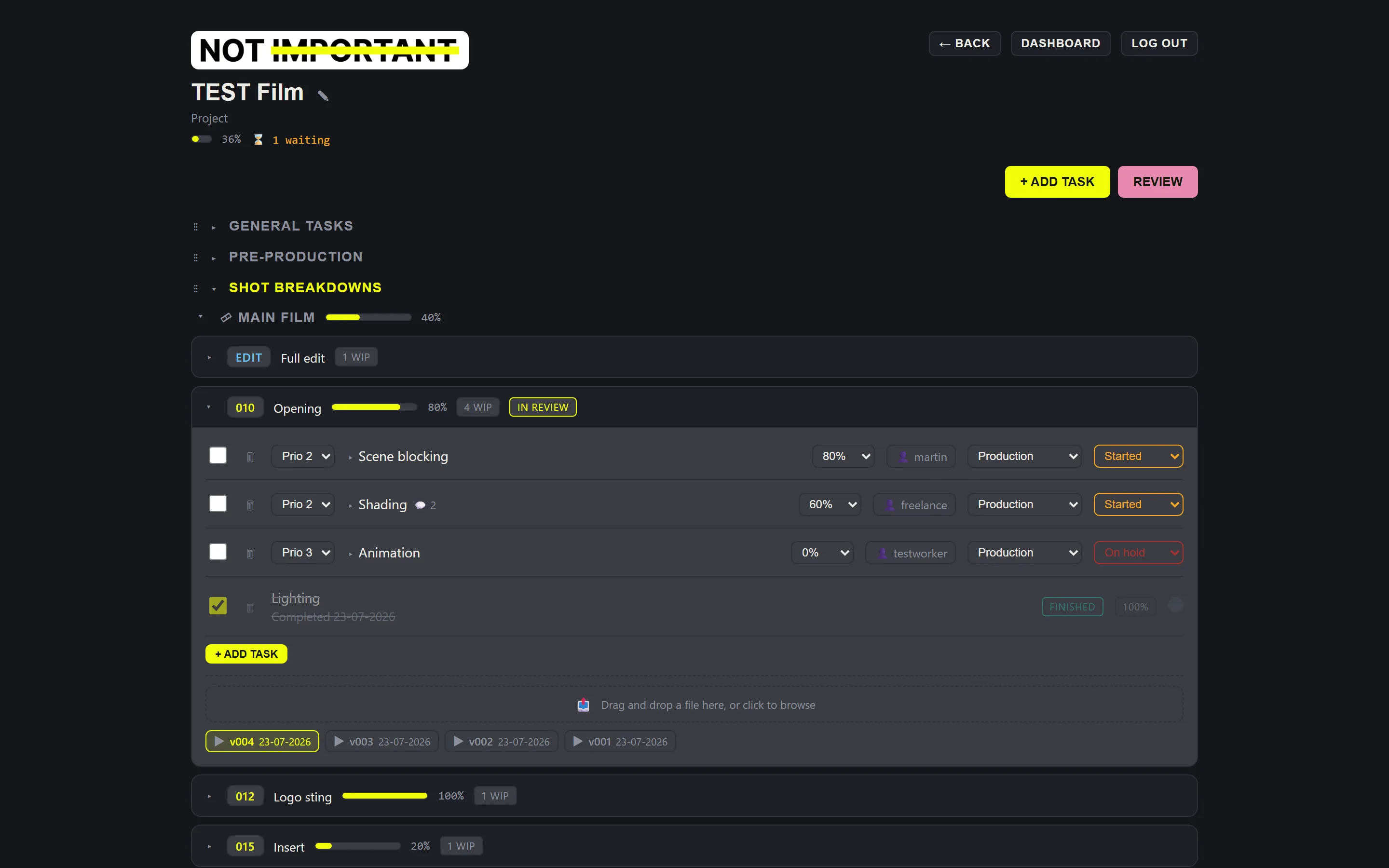 The Shot breakdowns block with shot 010 open, showing its tasks and WIP versions