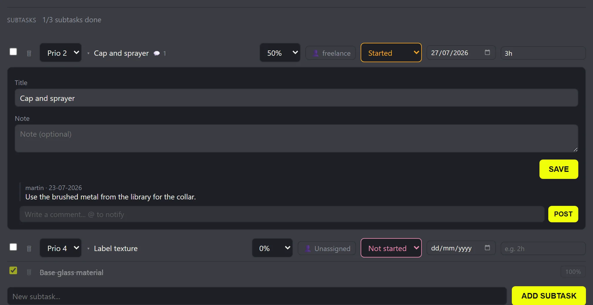 The subtasks block inside a task panel with one done, one started and one not started subtask