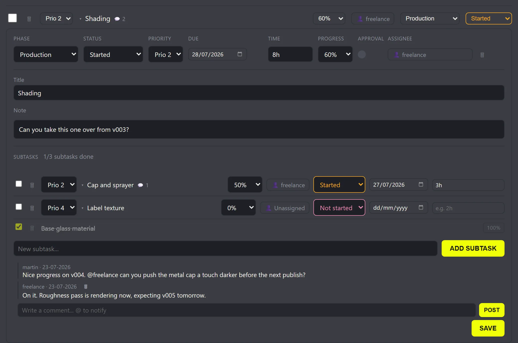 An open task panel with phase, status, priority, due date, time, progress, assignee, note, subtasks and comments
